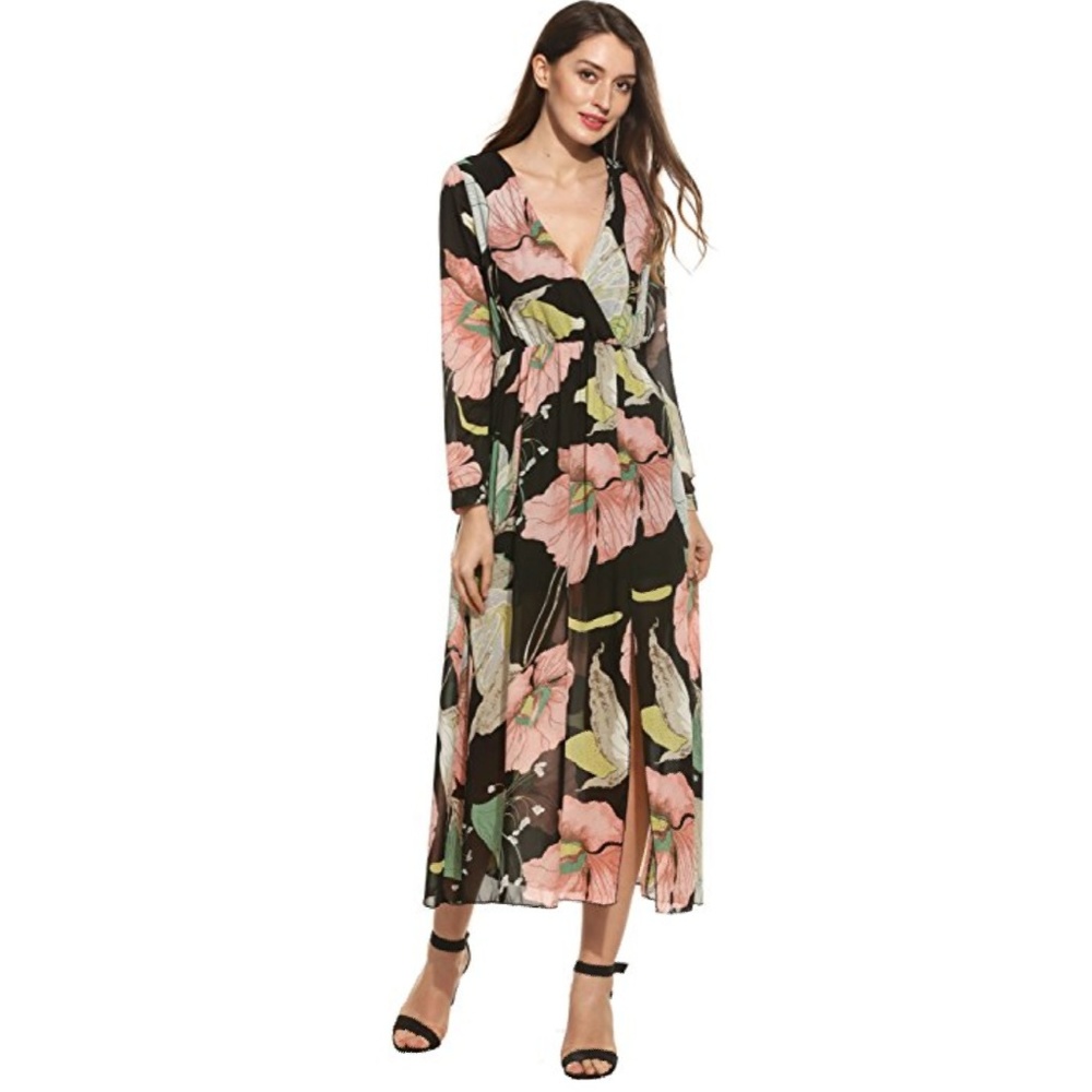 Floral Chiffon Deep V- Neck Long Sleeve Maxi Dress